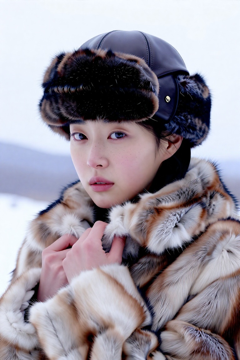 cinematic winter fashion editorial portrait of a young Korean woman,  calm and composed expression,  natural facial propor...