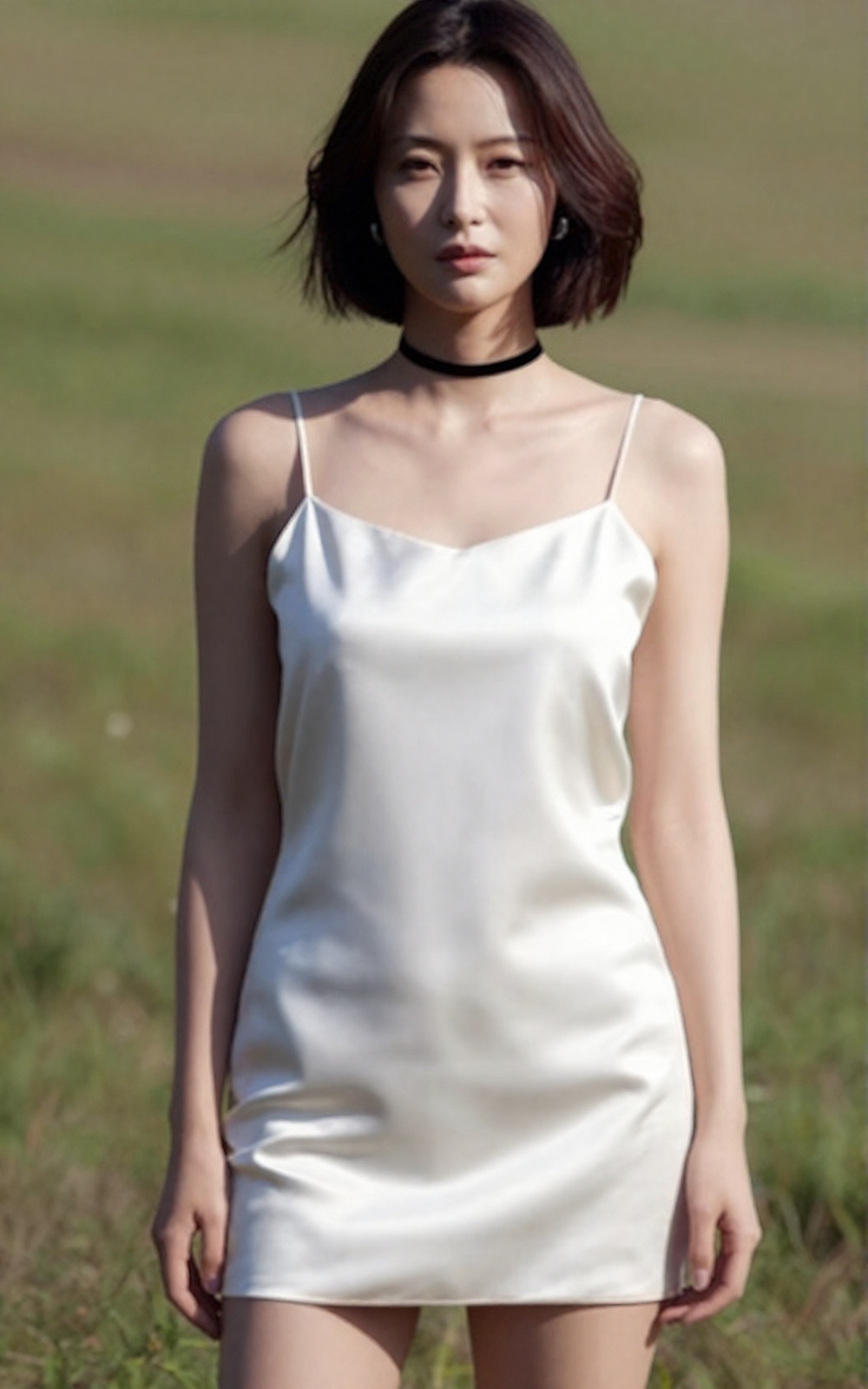 Ultra-realistic outdoor fashion photograph,  subject fills most of the frame (upper-thigh to head),  centered composition...