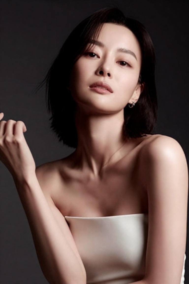 Realistic studio half-body fashion portrait photo of a 20-year-old woman,  upper body framing from chest to head,  face-ce...