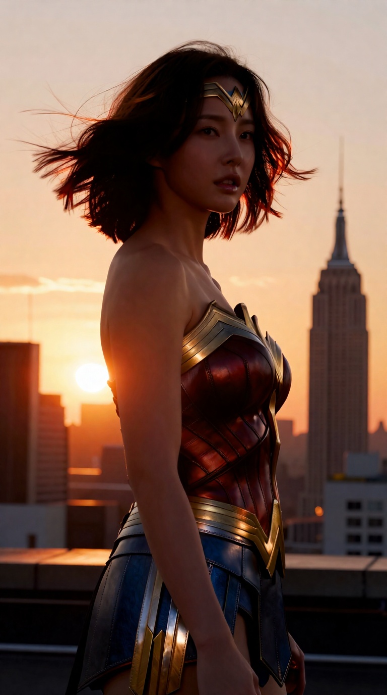 realistic photo of a beautiful 20yo Korean woman with two-toned short bob haircut with subtle brown highlights blowing by...