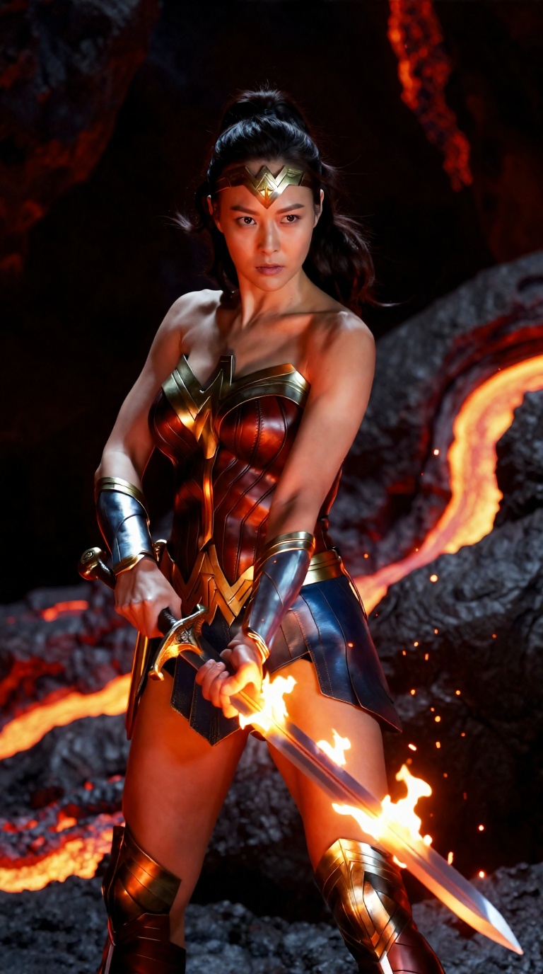 cinematic heroic portrait of Wonder Woman standing inside a volcanic lava cave,  head to mid-thigh framing,  1girl on Tens...