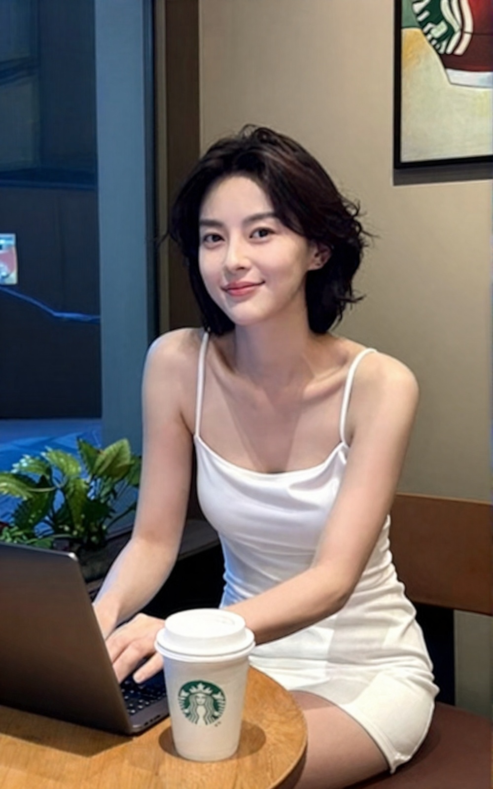 A candid lifestyle photo of a young woman sitting at her favorite café,  a coffee cup placed beside her on the table,  cas...