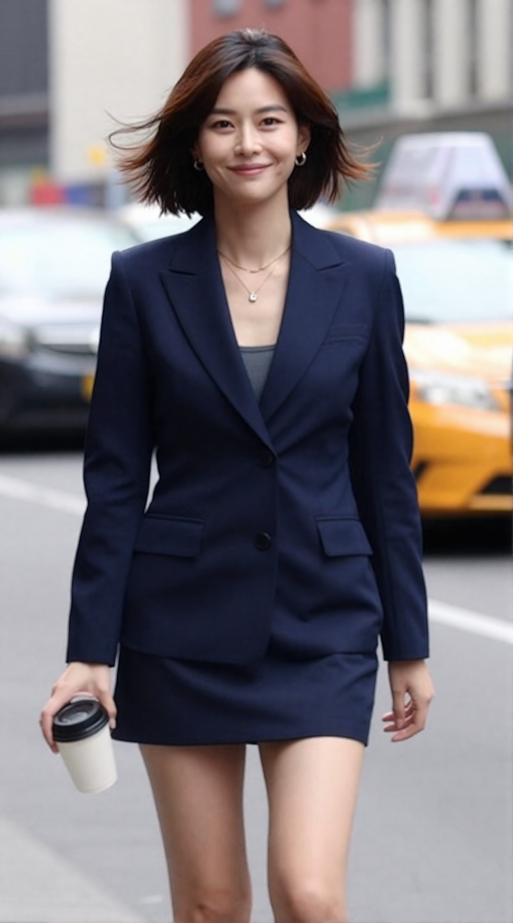 urban lifestyle photograph. A chic 20yo woman standing naturally on a New York city street,  relaxed stance. She looks dir...