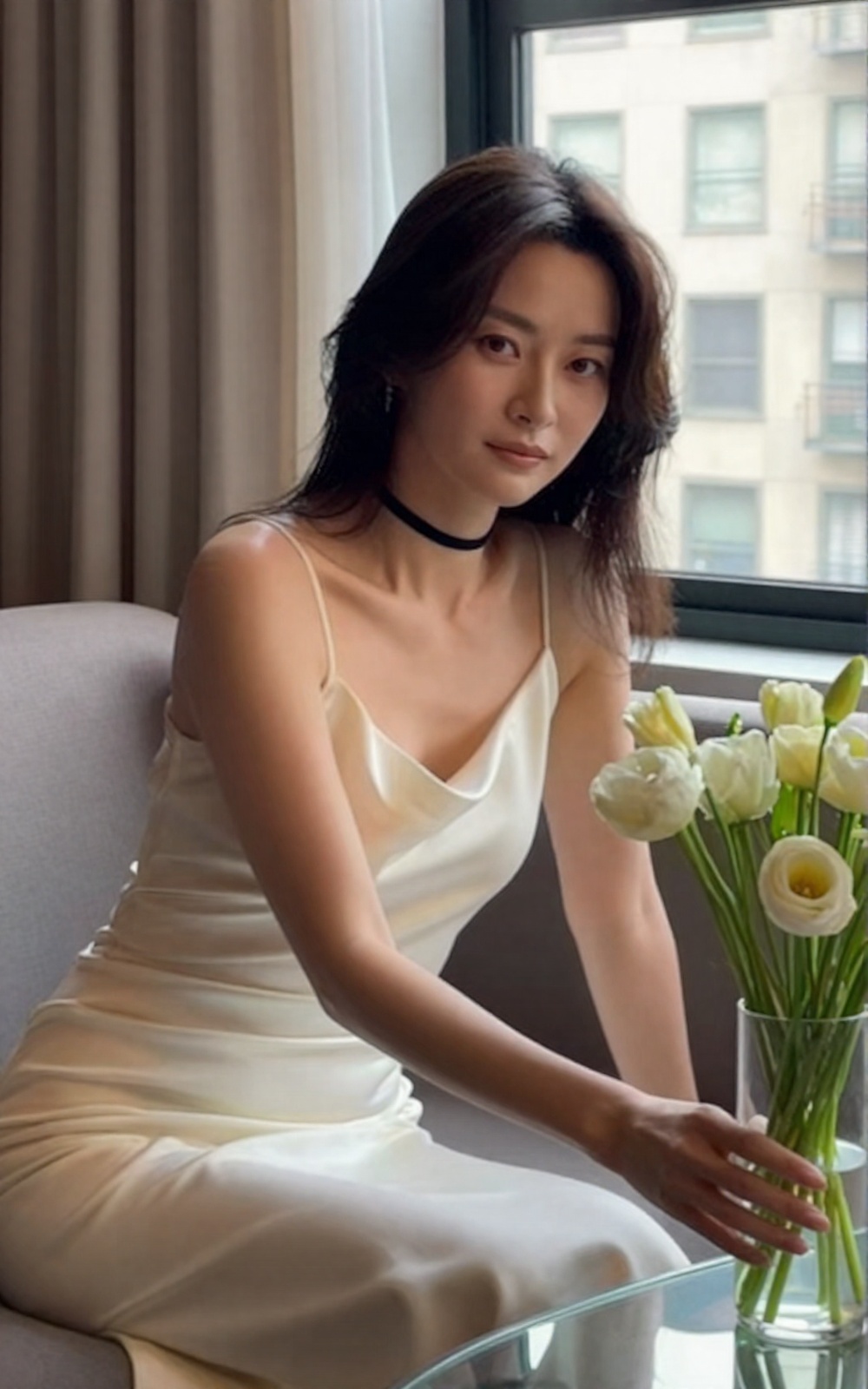 Realistic indoor lifestyle portrait photo of a 20yo woman,  upper-body framing,  face-centered composition. She is seated...