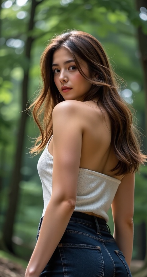 Generate a real-world from below photograph realistic photography 1girl solo long hair looking back brown hair from behind...