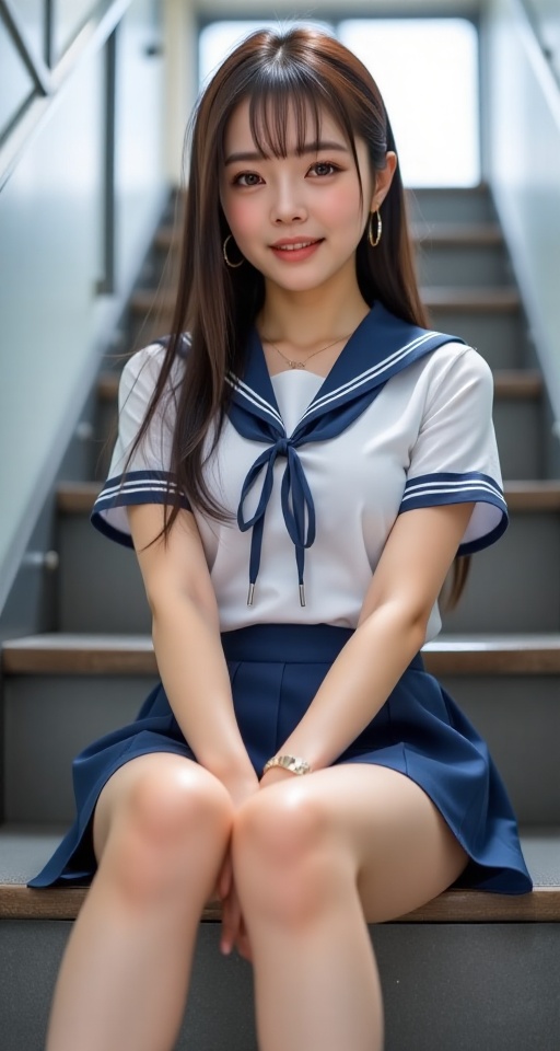 Create a realistic scene of a 1girl solo long hair looking at viewer smile skirt brown hair shirt brown eyes sitting schoo...
