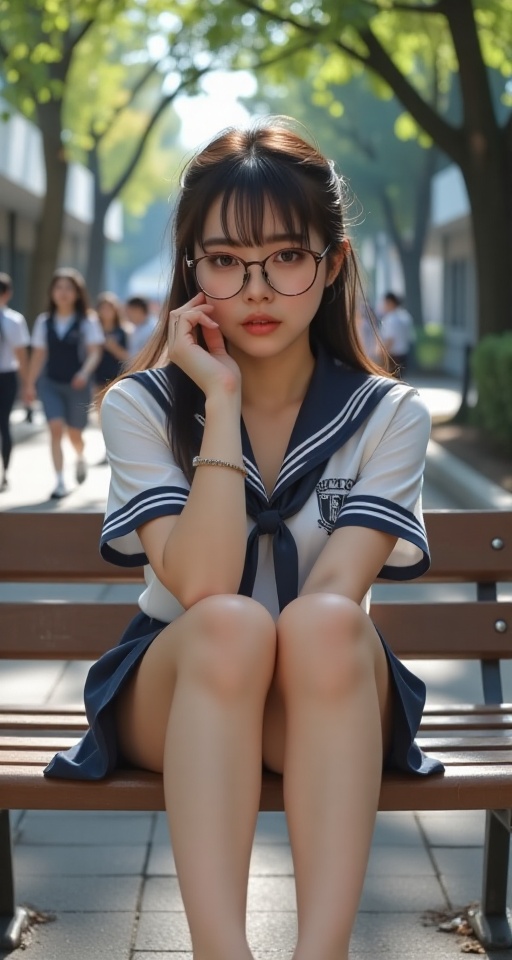 Create a realistic scene of a solo girl looking directly at the viewer. She has brown hair with some strands falling over...