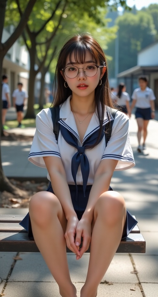 Create a realistic scene of a solo girl looking directly at the viewer. She has brown hair with some strands falling over...