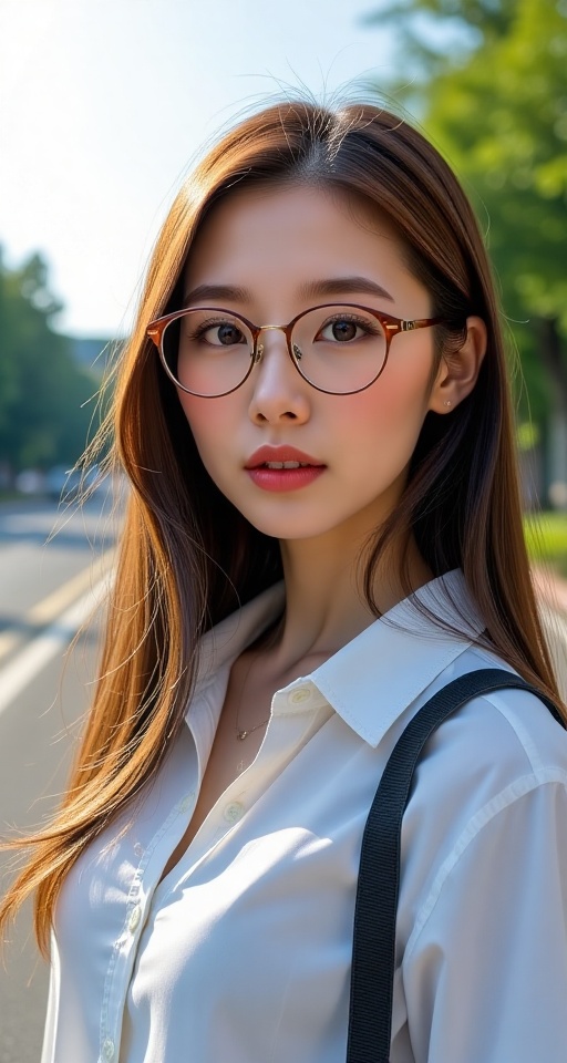 Create a realistic scene of a 1girl solo long hair looking at viewer brown hair shirt brown eyes outdoors parted lips glas...