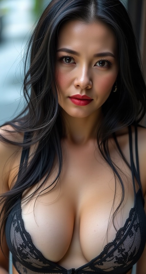 Create a realistic photograph of a solo mature woman in a natural environment. She has long,  black hair cascading over he...