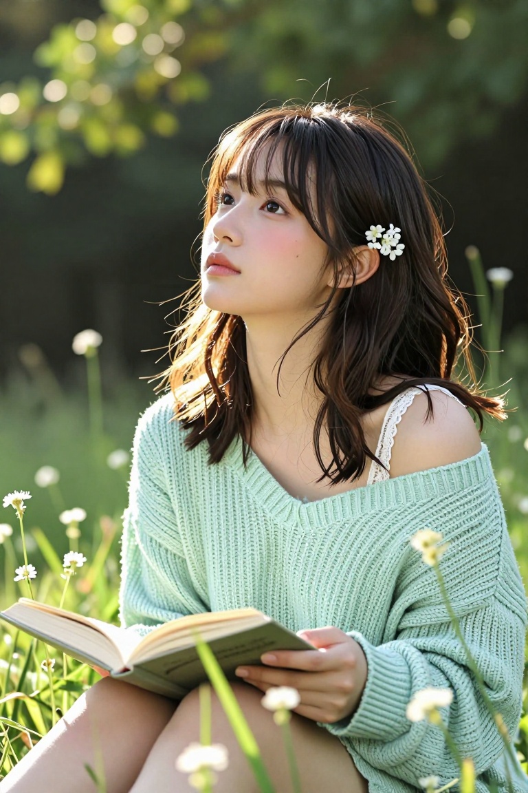 A serene young East Asian woman with soft,  shoulder-length dark brown hair and delicate bangs,  sitting outdoors in a lus...