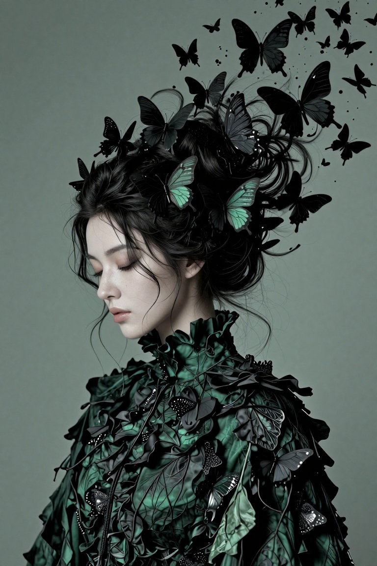 A pale,  ethereal woman with closed eyes and serene expression,  her dark hair sculpted into an elaborate updo that dissol...