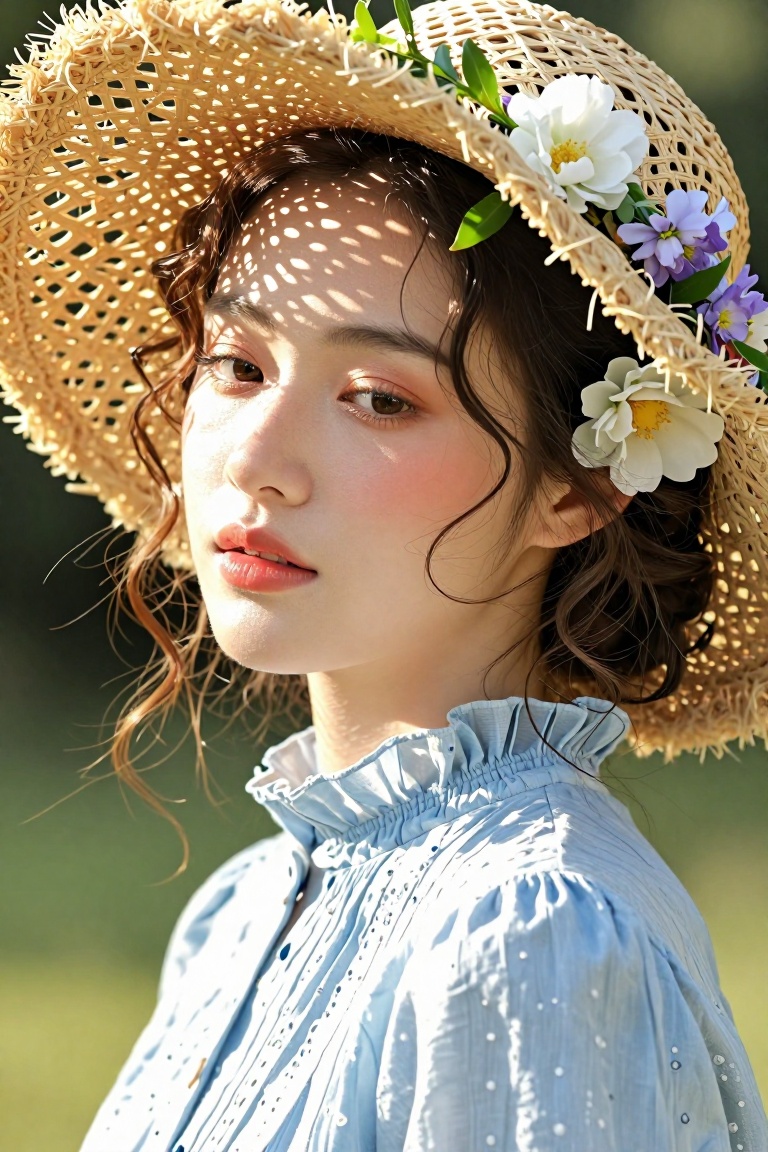 A delicate young East Asian woman with soft,  porcelain skin and gentle features — likely Japanese or Chinese in appearanc...