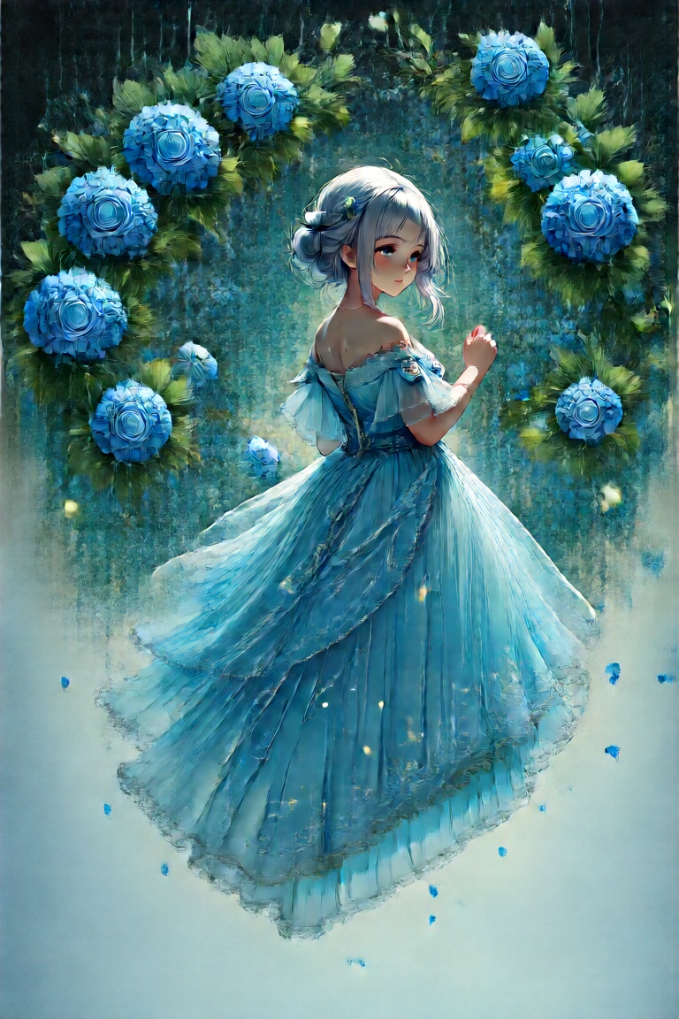 The image depicts a woman standing amidst a lush backdrop of vibrant blue hydrangeas. She is dressed in an elegant straple...
