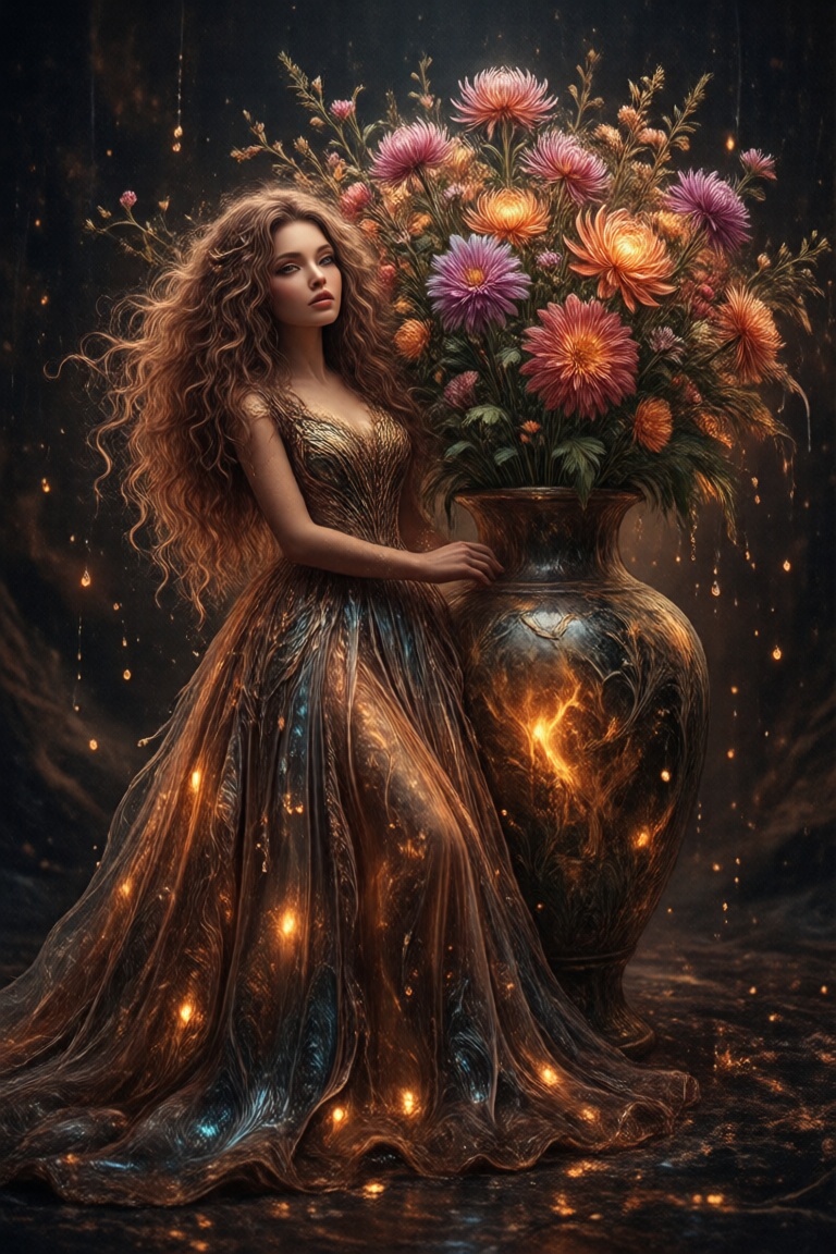 A surreal fantasy portrait. A woman with voluminous curly brown hair is dressed in a spectacular dress resembling flowing...