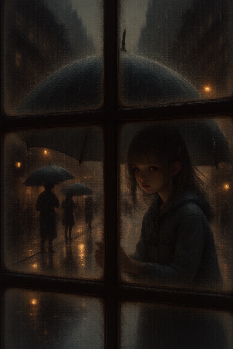 Behind the thick glass is a gray veil of rain. The streams flow down the window in long transparent paths,  blurring the o...