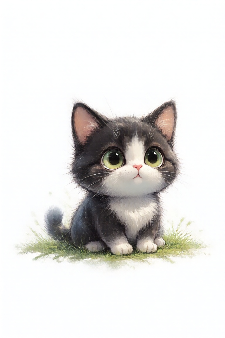A cartoon,  funny black kitten with white markings is sitting on the grass. The eyes are big. The background is white. on...