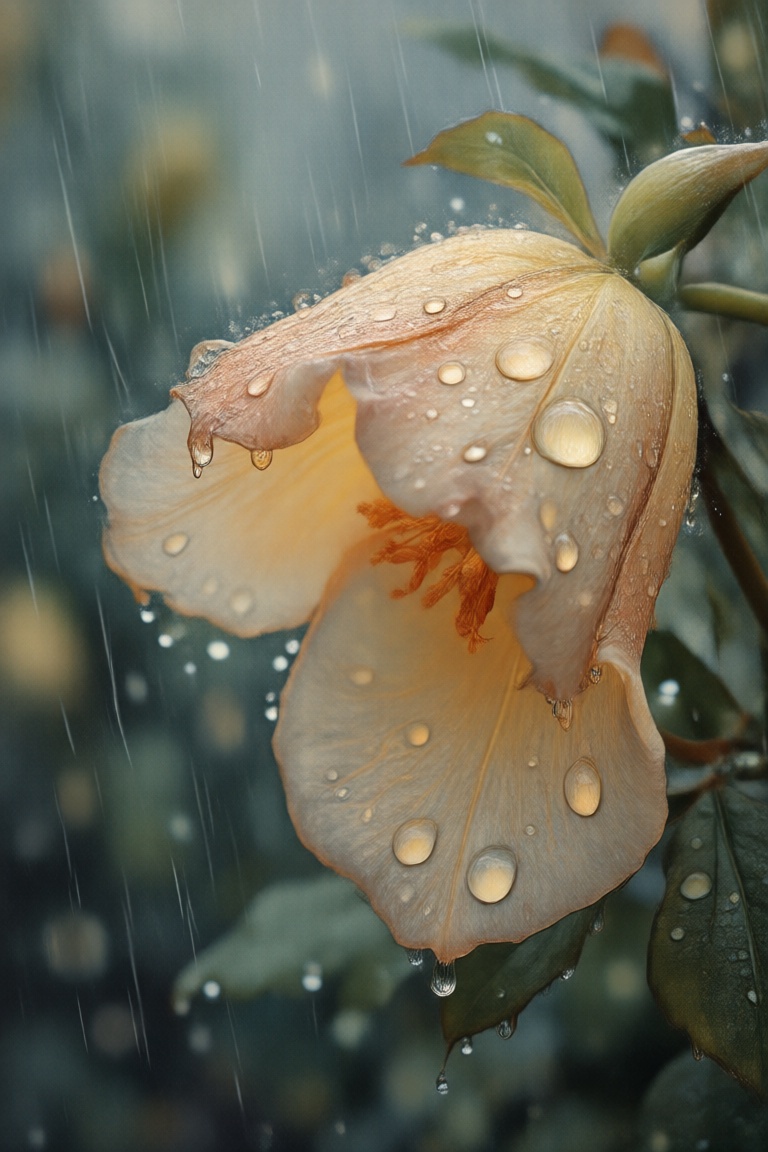 The illustration shows a fascinating macro scene: a delicate flower appears in all its fragile beauty under the torrential...