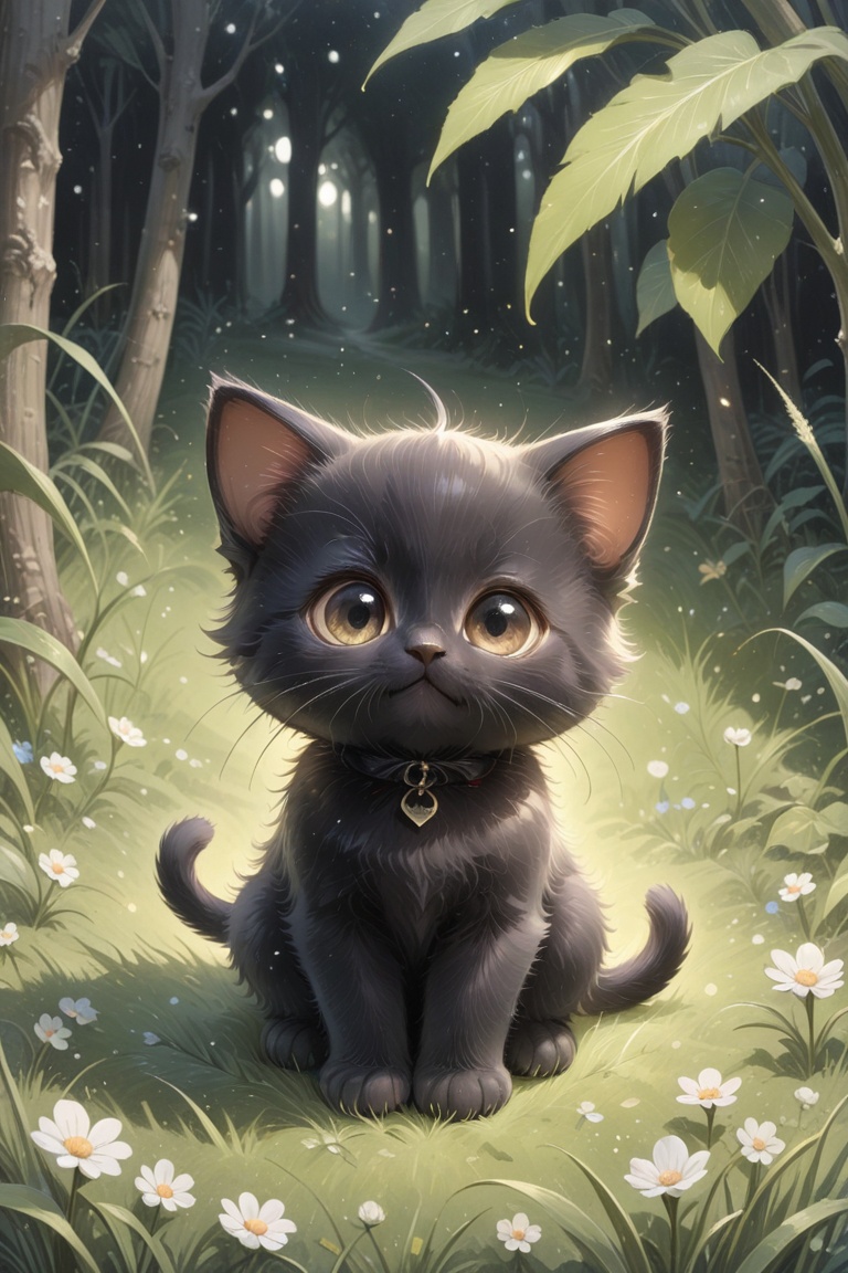 A cartoon black kitten with a white tan is sitting on the grass. The background is white. on Tensor.Art