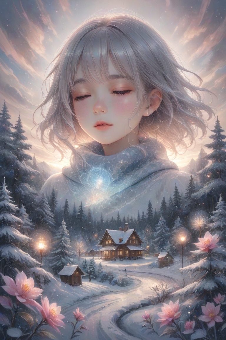 A hyper-realistic digital art portrait,  double exposure technique,  featuring a beautiful woman with long silver hair and...