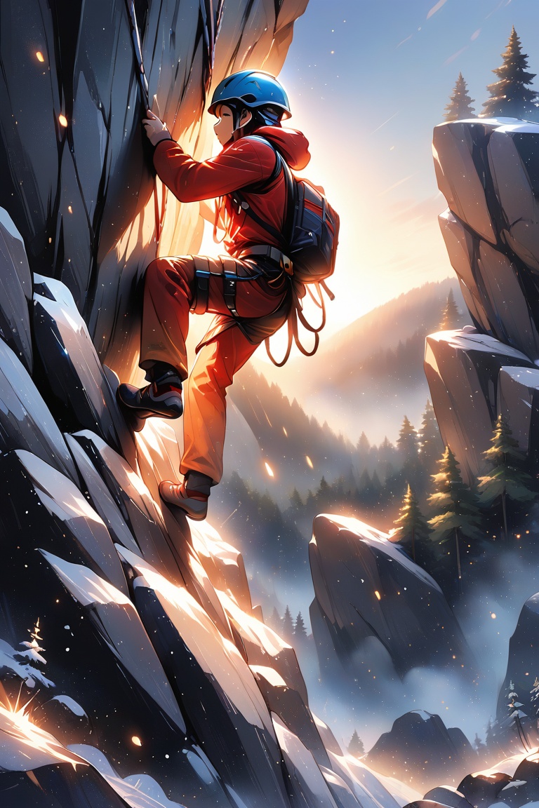 A dynamic shot of rock climbing on a sunlit granite cliff at dawn with a low viewing angle allows you to see muscular arms...