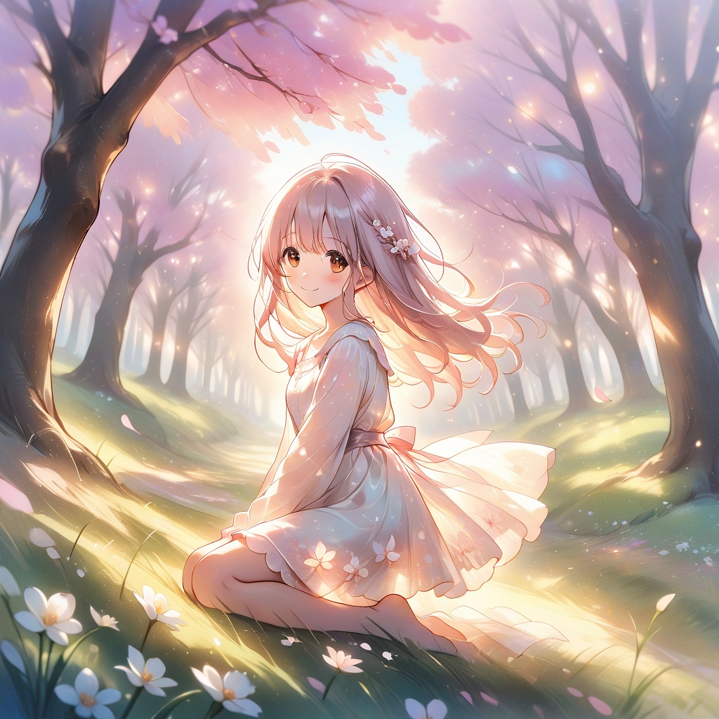 A wide-angle,  sun-drenched composition capturing blooming spring in a lush meadow: vibrant cherry blossoms and daffodils...