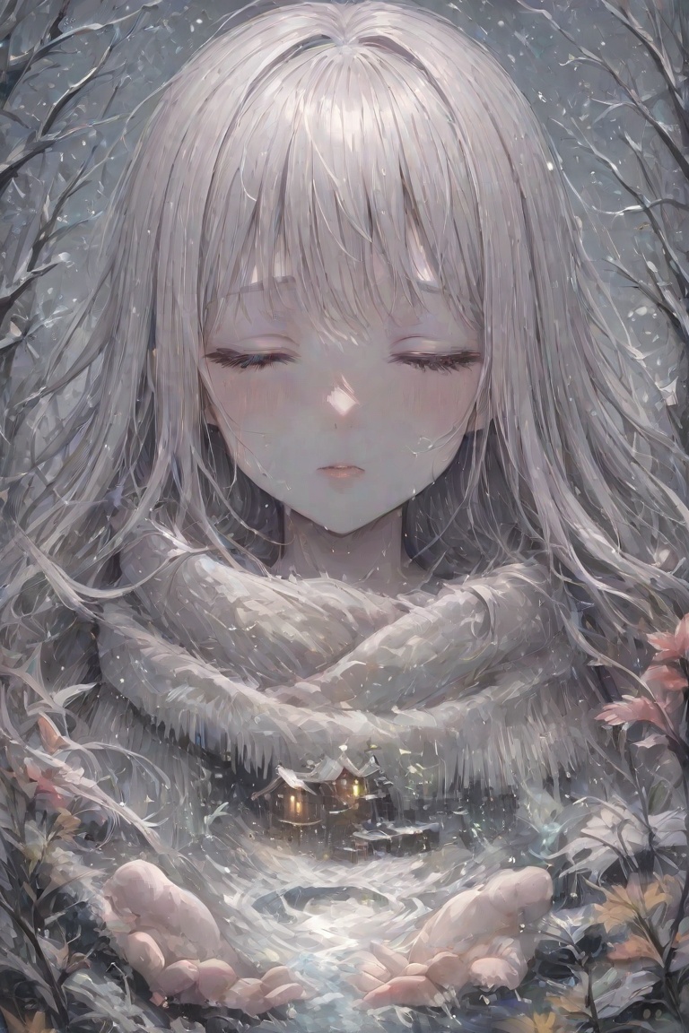 A hyper-realistic digital art portrait,  double exposure technique,  featuring a beautiful woman with long silver hair and...