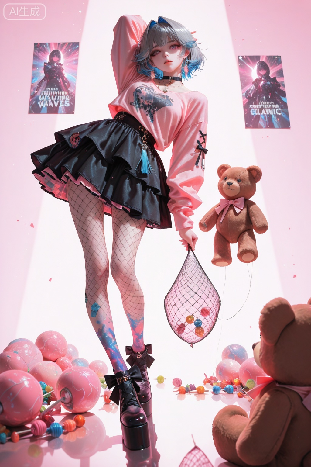 ,galbrena \(wuthering waves\),1girl,solo,blue hair,multicolored hair,grey hair,two-tone hair,short hair,hair intakes,purple eyes,grey eyes,choker,
shape,pantyhose,ruffles,food,shoes,necklace,black skirt,stuffed animal,pink background,stuffed animal,ruffled skirt,pink bow,fishing net,candy,Band-Aid,pink shirt,teddy bear,lollipop,fishnet tights,platform shoes,pink theme,dynamic pose,Dutch angle,head tilt,masterpiece,best quality,spotlight,shadows,
(ciloranko:0.7),(artist:quasarcake:0.8),(wlop:0.7),extreme aesthetics,(quasarcake:0.7),masterpiece,best quality,good quality,latest,2024,2023,very beautiful,absurd,visually impactful,tension-filled shots,ultra-high resolution,32K UHD,sharp focus,optimal quality,masterpiece,emotional,unconventional masterpiece,exquisite detail,gentle atmosphere,high-end texture,fashion photography style,(Visual Impact:1.2),crazy interplay between light and shadow,(ray tracing),sunlight,reflections,exquisite detail,intricate details,soothing tones,high contrast,natural skin texture,soft light,sharp,gives the poster a dynamic and visually striking look,stunning image,official art,colorful,color splash,cinematic perspective,colorful,color splash,