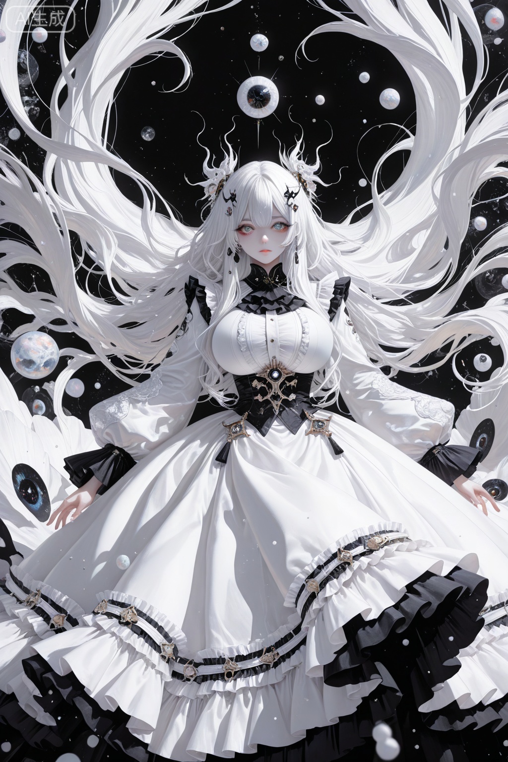 (Masterpiece), (Best Quality),(Chocoan:0.5),(Mika Pikazo:0.4),(Artist: sheya:0.5),(wlop:0.4),Illustration, masterpiece,best quality,high quality,extremely detailed CG unity 8k wallpaper,extremely detailed,High Detail,anime style,cover art,extreme aesthetic,masterpiece,best quality,good quality,newest,very aesthetic,absurdres,Visual impact,32K UHD,(colorful:0.6),sharp focus,impactful picture,offcial art, 1girl, solo, long hair, huge breasts, full eyes, hair ornaments, long dress, frills, frilled_dress, long sleeves, black and white theme,