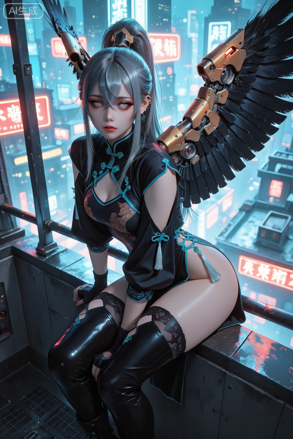 masterpiece, best quality, ultra detailed, 1girl, sleek grey long hair tied in a high ponytail, intricate crossed bangs, piercing grey eyes, elegant black ear feathers, blank expression, wearing an ornate cyberpunk cheongsam (qipao) with glowing accents, sleek thighhigh boots, fingerless gloves, large intricate mechanical wings with exposed framework, sitting on the edge of a rainy rooftop, overlooking a vast neon-lit cyberpunk metropolis at night, cinematic lighting, atmospheric