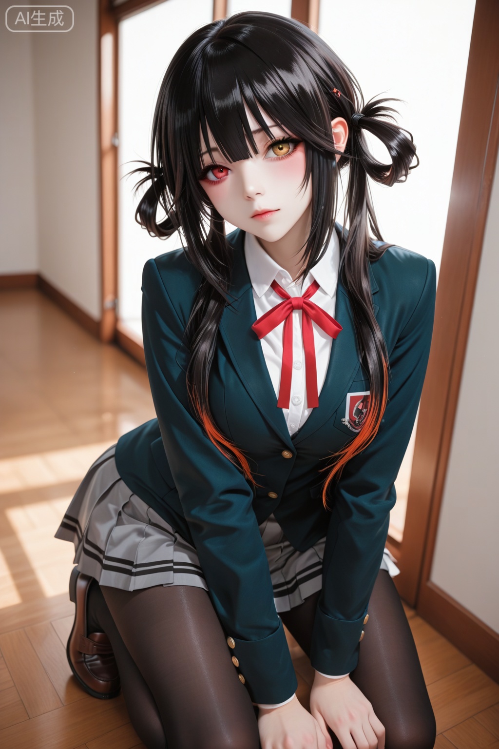 tokisaki kurumi_sobu high _cosplay,_,blazer,collared shirt,neck ribbon,pleated skirt,pantyhose,hair rings,loafers,_hair,