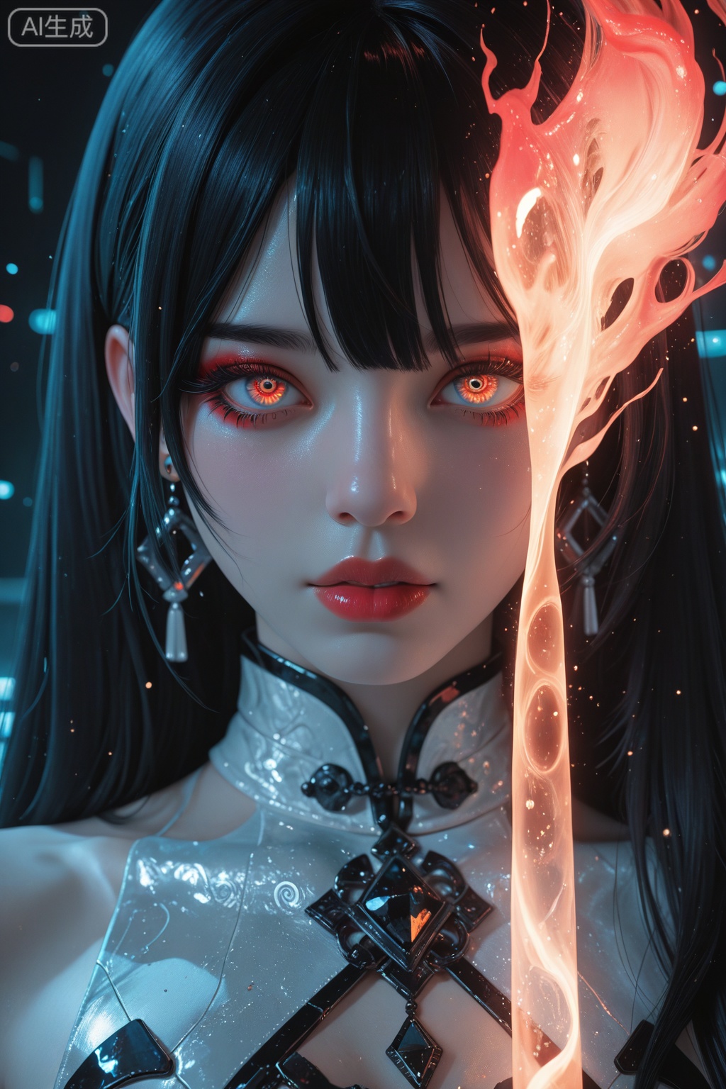 Hatsune Miku, crouching in a dramatic exaggerated defensive stance, her expression calm, her hair blown into an extreme disarray by the fierce wind. Her long hair reaches her waist, and she boasts skin as pure and flawless as snow. Adorned with intricate and ornate silver Miao ethnic jewelry, she wears a fluid red-and-gold costume. Surrounding her are countless transparent water-like spiral lines, while her background is a clean, minimalist solid color. This is a surreal portrait painting in close-up, with a low-angle, strongly distorted lens effect, lens glare, cyberpunk, futuristic, stream-of-consciousness, and sci-fi styles. The atmosphere is ethereal, sacred, holy, melancholic, oppressive, and imposing. With a silver metallic texture, low saturation, dreamy feel, glass-like texture, porcelain-like quality, sophistication, ethereal beauty, matte texture, brushstroke effect, realistic texture, beastly style, diffusion gradients, distortion, natural dynamics, and a composition brimming with tension. The focus lies on the character's abilities through special effects and particle effects, with strong perspective. The color scheme features gray and red tones, presenting a realistic cinematic concept art in 4K, high-definition, with glossy lips and skin highlights, a luminous image, ultra-high-definition high-quality masterpiece, clear visuals, advanced light capture technology, professional post-processing optimization, rendering precision surpassing game engines, realistic and delicate skin texture, master-level film-grade image standards, hyper-realism, true rendering, and authentic lighting. Highlighted skin with radiant, fair complexion, a bright feel, allure, seduction, cool tones, lifelike effect, HDR, three-dimensional effect, 3D rendering, virtual engine ultra-HD rendering, eliminating all factors that compromise clarity, optimal lighting effects, enchanting phoenix eyes with flowing light, perfectly defined long eyelashes, high-saturation watercolor lips, 30,000K ultra-HD skin particle textures with fine/realistic translucency, 3D, ultra-HD details: visible skin pores, skin vellus, and lip lines, eyes brimming with emotion. Using the most advanced technology to reduce noise, anti-aliasing, and combat blur to achieve ultimate ultra-HD quality. Her makeup is bold, with fiery red lips, fair skin, and flowing black hair, a slight upturn at the corners of her mouth, exquisite makeup, large eyes, eyeliner, long lashes, black gem earrings, black pendant, black gem bracelet, 888K ultra-HD resolution, cool-toned dark background, high detail in the eyes, ultra-HD skin with snow-white porcelain-like radiance, ultimate ultra-HD exaggerated artistic design, and intricate detailing on the chest,