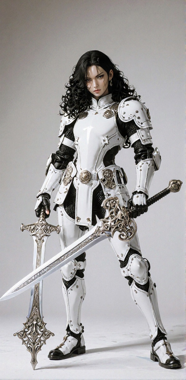 The image depicts a figure in elaborate armor,  standing in a dramatic pose. The individual is dressed in a sleek,  white...