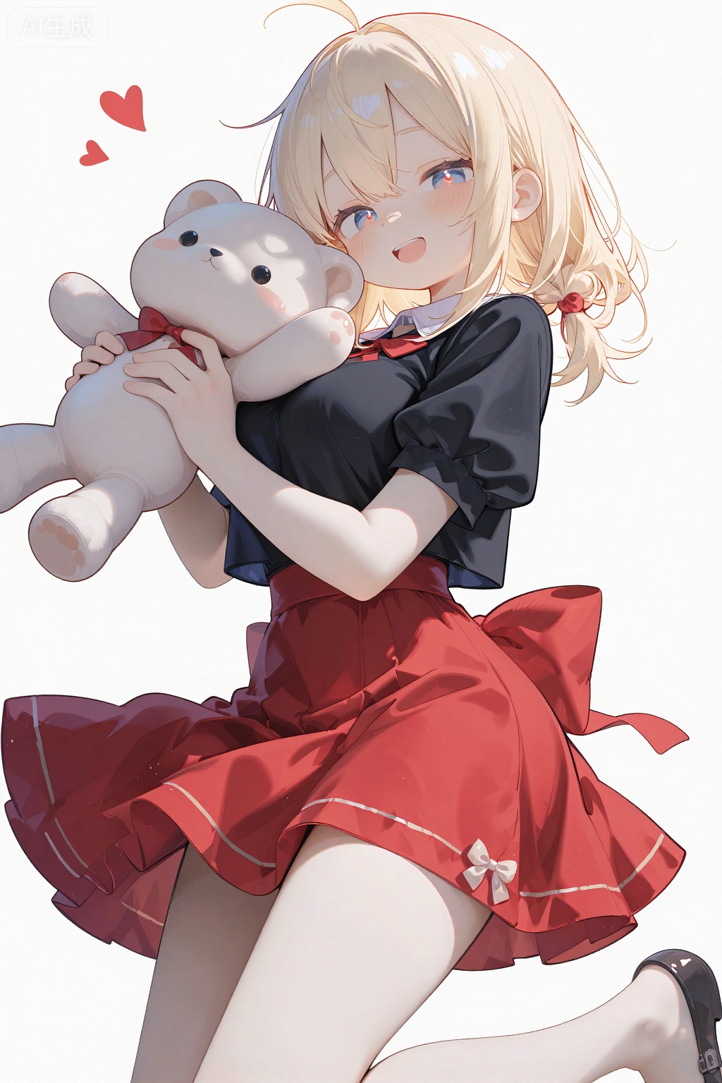 bf, dynamic pose, 1girl, black shirt, blonde hair, blue eyes, collar, flower, hair between eyes, hair ribbon, holding, holding stuffed toy, looking at viewer, medium hair, open mouth, puffy short sleeves, puffy sleeves, red ribbon, red skirt, ribbon, ribbon trim, shirt, short sleeves, simple background, skirt, smile, solo, stuffed animal, stuffed toy, white background, white collar, medicine melancholy
