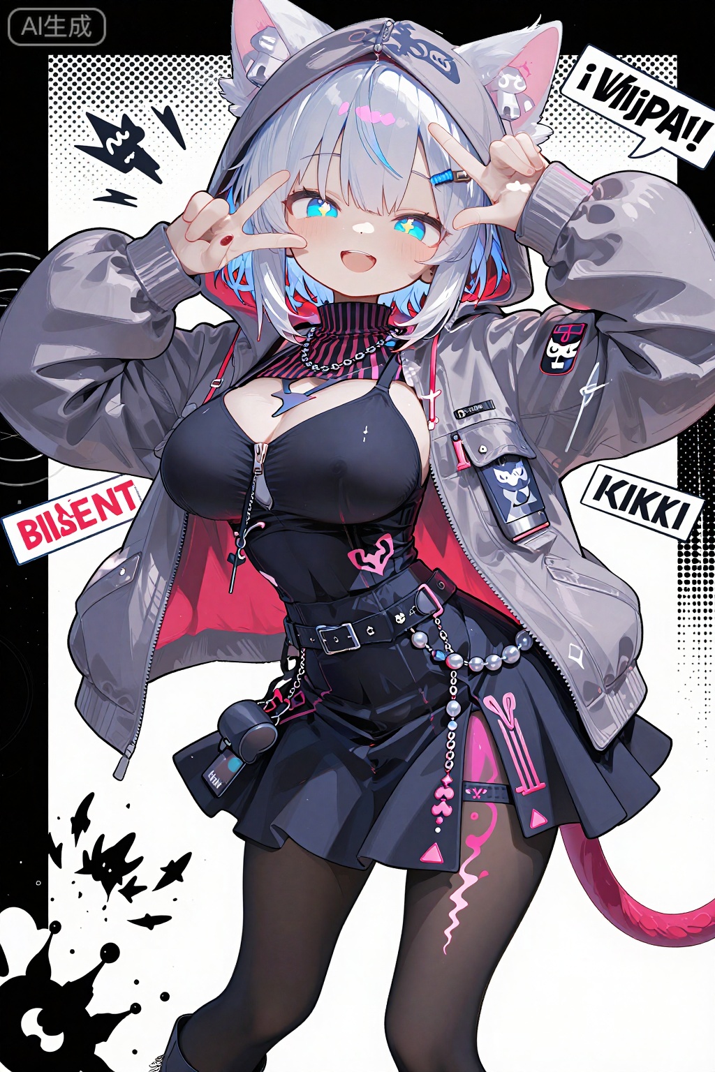 bf, dynamic pose, 1girl, animal ears, aqua eyes, arrow (symbol), arrow print, arrow tattoo, artificial idol (miracle nikki), asymmetrical bangs, asymmetrical legwear, bead necklace, beads, belt, black background, black belt, black hood, black pantyhose, black shirt, black skirt, boots, cable, cat ears, cat girl, cat tail, character name, cleavage cutout, close-up, clothing cutout, copyright logo, cross, cross necklace, ears through headwear, english text, facial tattoo, full body, glass shards, grey jacket, hair between eyes, halftone, halftone background, happy, heart cutout, hood, hood up, hooded jacket, idol, jacket, jewelry, logo, long sleeves, mechanical ears, mechanical tail, medium hair, microskirt, mismatched legwear, necklace, pantyhose, partially unzipped, platform boots, pocket, print hood, print pantyhose, puffy long sleeves, puffy sleeves, red hood, red pantyhose, shirt, skirt, sleeveless, sleeveless shirt, sleeves past wrists, slime (substance), solo, standing, striped clothes, striped shirt, tail, tattoo, turtleneck, turtleneck shirt, two-sided hood, vertical-striped clothes, vertical-striped shirt, white boots, white hair, zipper, zipper pull tab