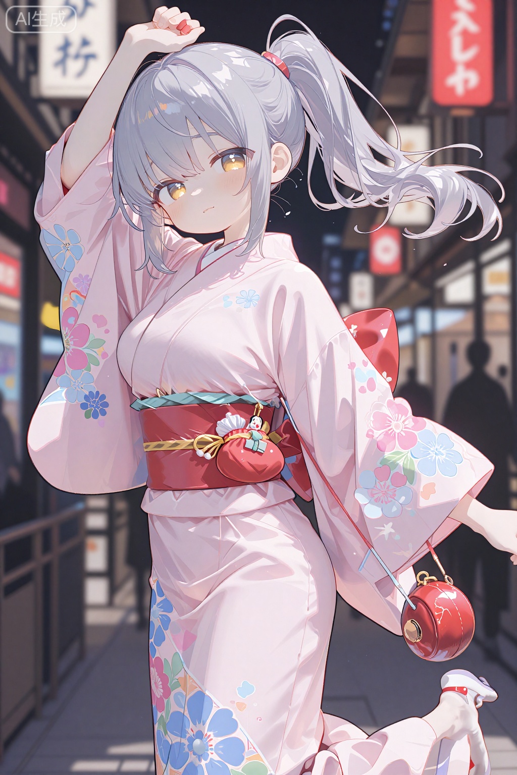 bf, dynamic pose, 1girl, bag, blurry, blurry background, closed mouth, cowboy shot, floral print, floral print kimono, grey hair, holding, holding kinchaku, japanese clothes, kimono, kinchaku, light blush, long hair, looking at viewer, obi, pink kimono, ponytail, pouch, print kimono, red sash, sash, satchel, smile, solo, yellow eyes, yukata, tachibana kanade