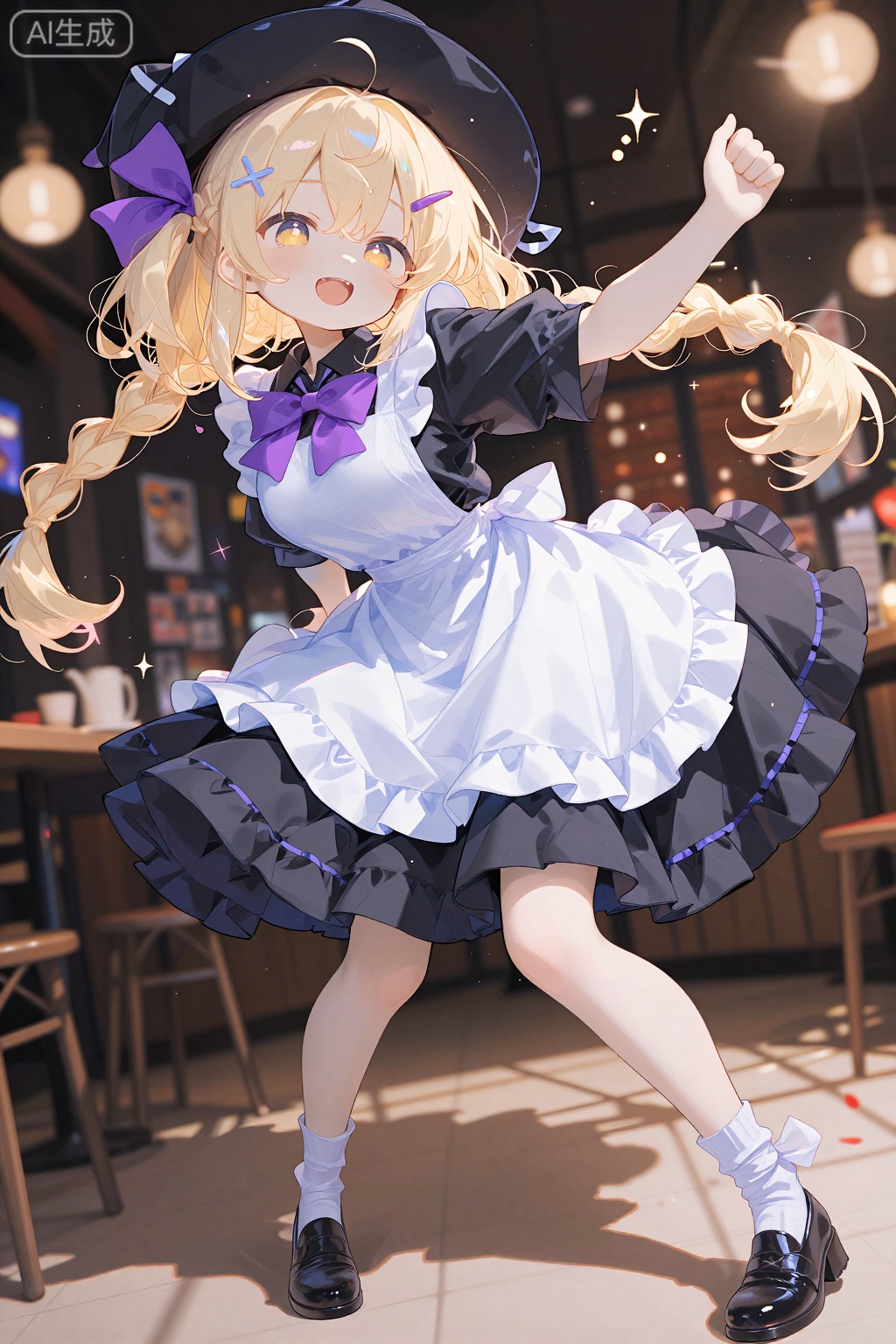 bf, dynamic pose, 1girl, apron, black hat, black shoes, black skirt, blonde hair, bow, braid, frilled skirt, frills, full body, hair bow, hat, hat bow, mary janes, open mouth, purple bow, science fiction, shoes, side braid, single braid, skirt, smile, socks, solo, waist apron, white apron, white socks, witch hat, yellow eyes, kirisame marisa