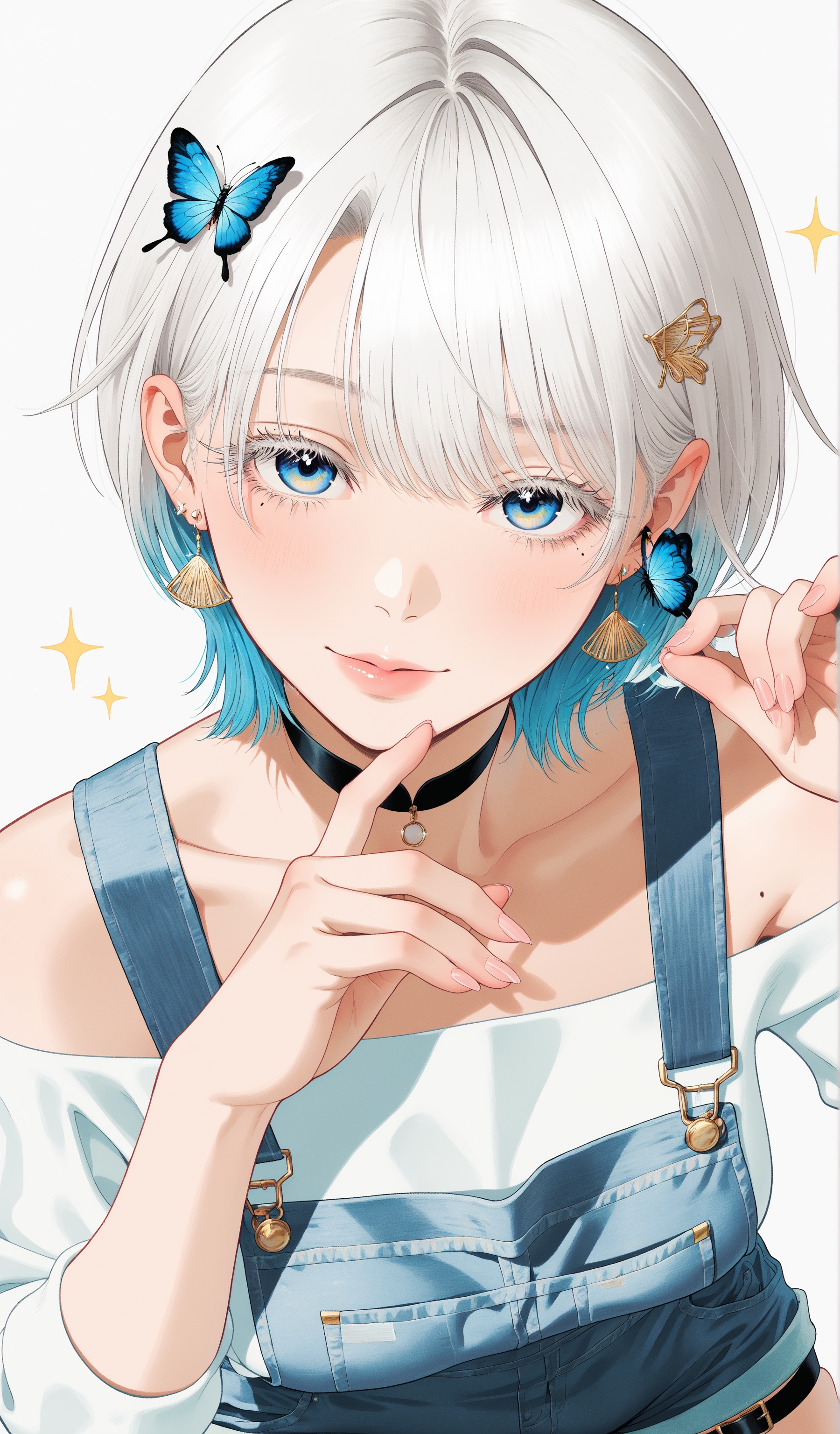 A captivating solo portrait of a girl with short hair and bangs,  gazing directly at the viewer. Her striking blue eyes sp...