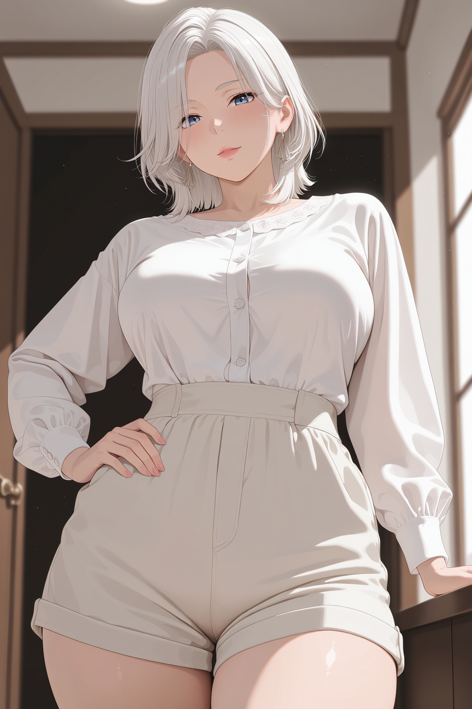 Create a detailed image of a mature woman,  often referred to as a milf,  with white hair and striking blue eyes. She stan...