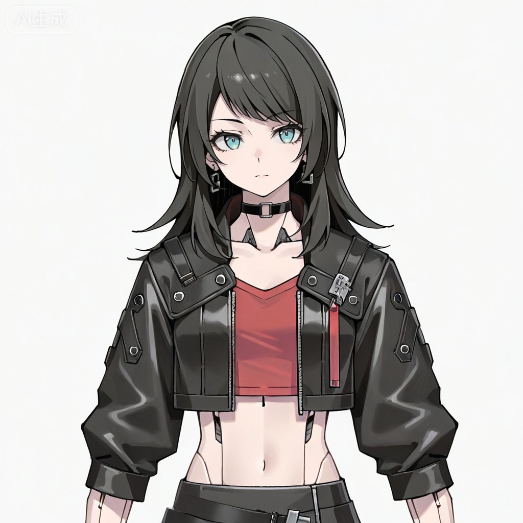 masterpiece, best quality,solo,white background,simple_background,Yahata Umiri,cybersaki_style,black hair,long hair,blue eyes,bangs,swept bangs,skirt,jewelry,jacket,earrings,choker,black jacket,red shirt,leather,leather jacket,navel,cropped jacket,android,joints,robot joints