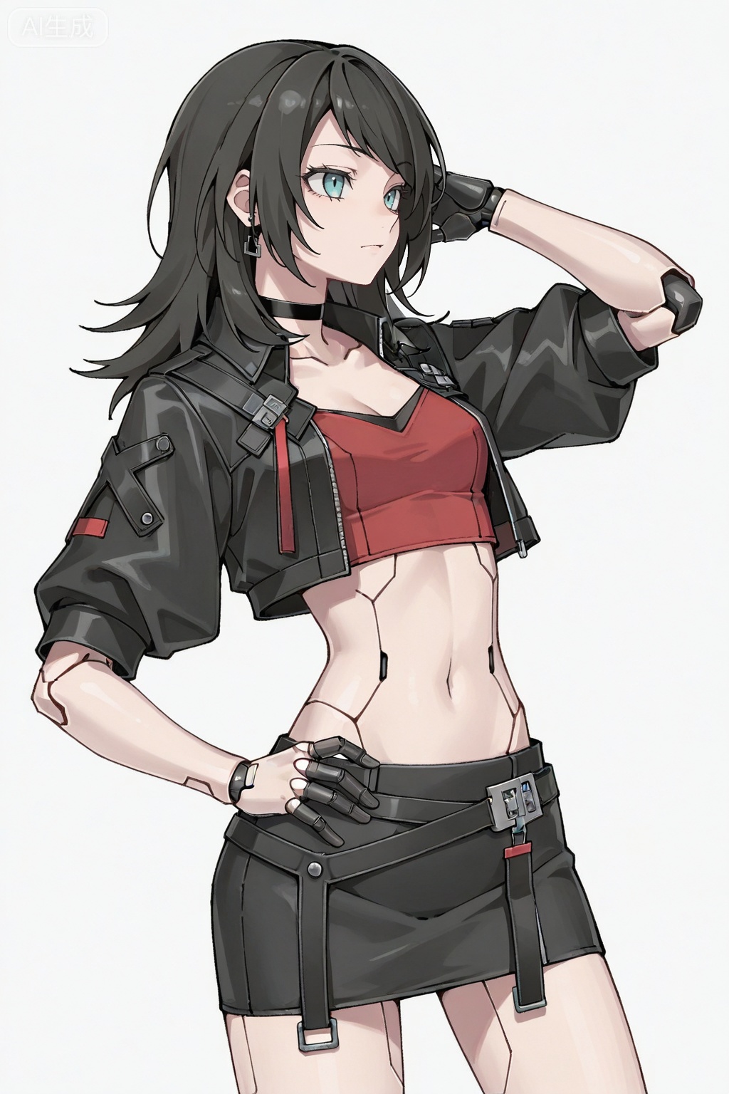 masterpiece, best quality,solo,white background,simple_background,Yahata Umiri,cybersaki_style,black hair,long hair,blue eyes,bangs,swept bangs,skirt,jewelry,jacket,earrings,choker,black jacket,red shirt,leather,leather jacket,navel,cropped jacket,android,joints,robot joints