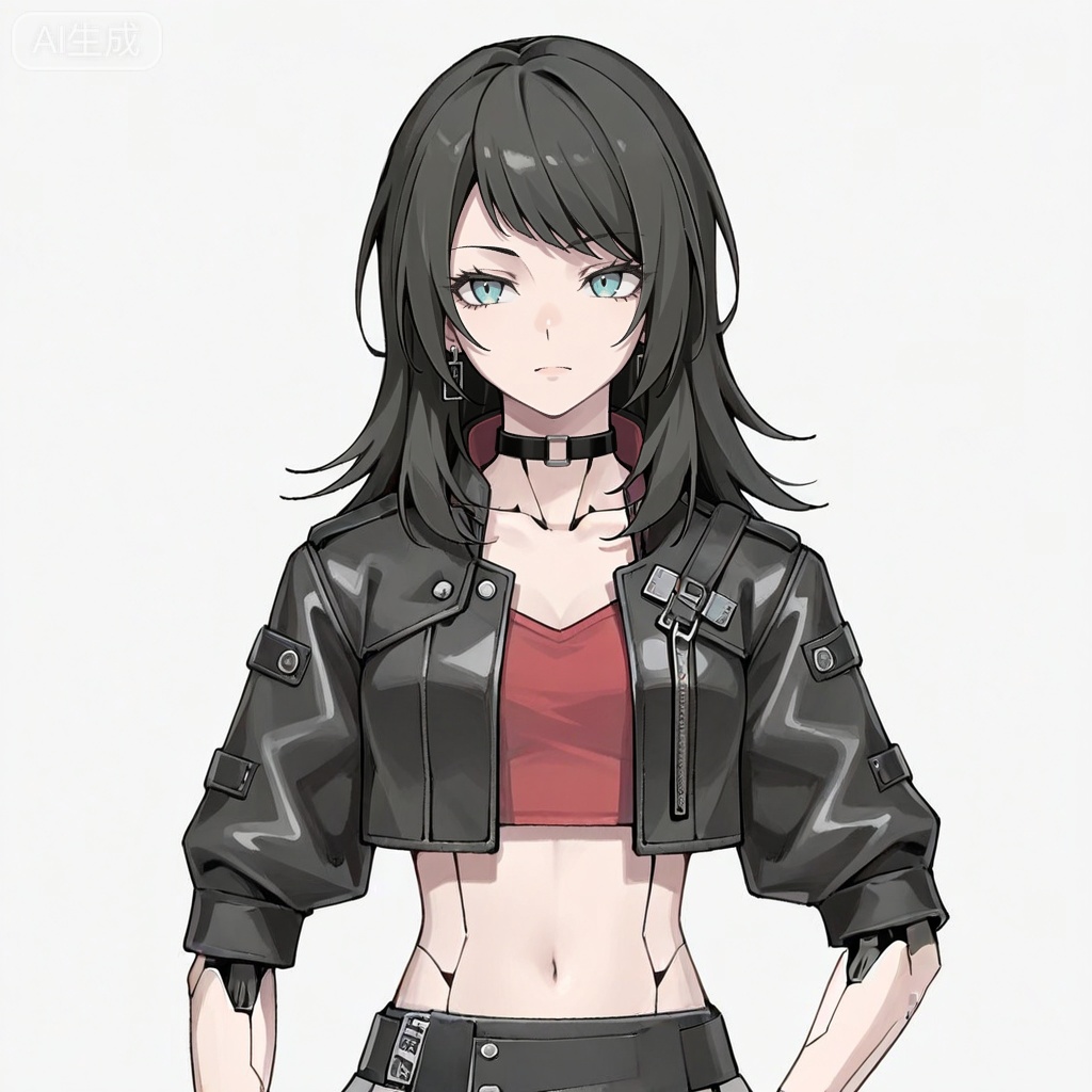 masterpiece, best quality,solo,white background,simple_background,Yahata Umiri,cybersaki_style,black hair,long hair,blue eyes,bangs,swept bangs,skirt,jewelry,jacket,earrings,choker,black jacket,red shirt,leather,leather jacket,navel,cropped jacket,android,joints,robot joints
