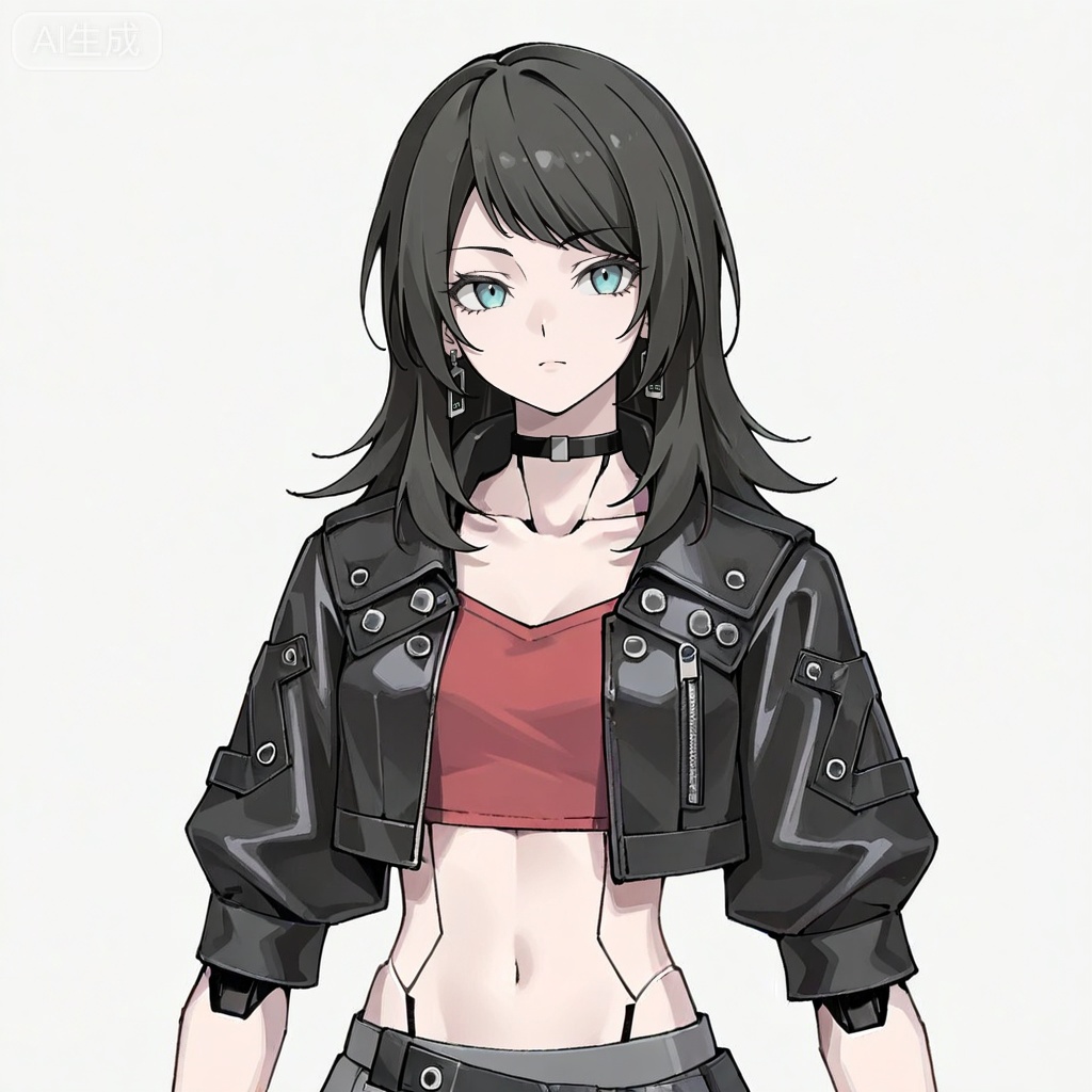 masterpiece, best quality,solo,white background,simple_background,Yahata Umiri,cybersaki_style,black hair,long hair,blue eyes,bangs,swept bangs,skirt,jewelry,jacket,earrings,choker,black jacket,red shirt,leather,leather jacket,navel,cropped jacket,android,joints,robot joints