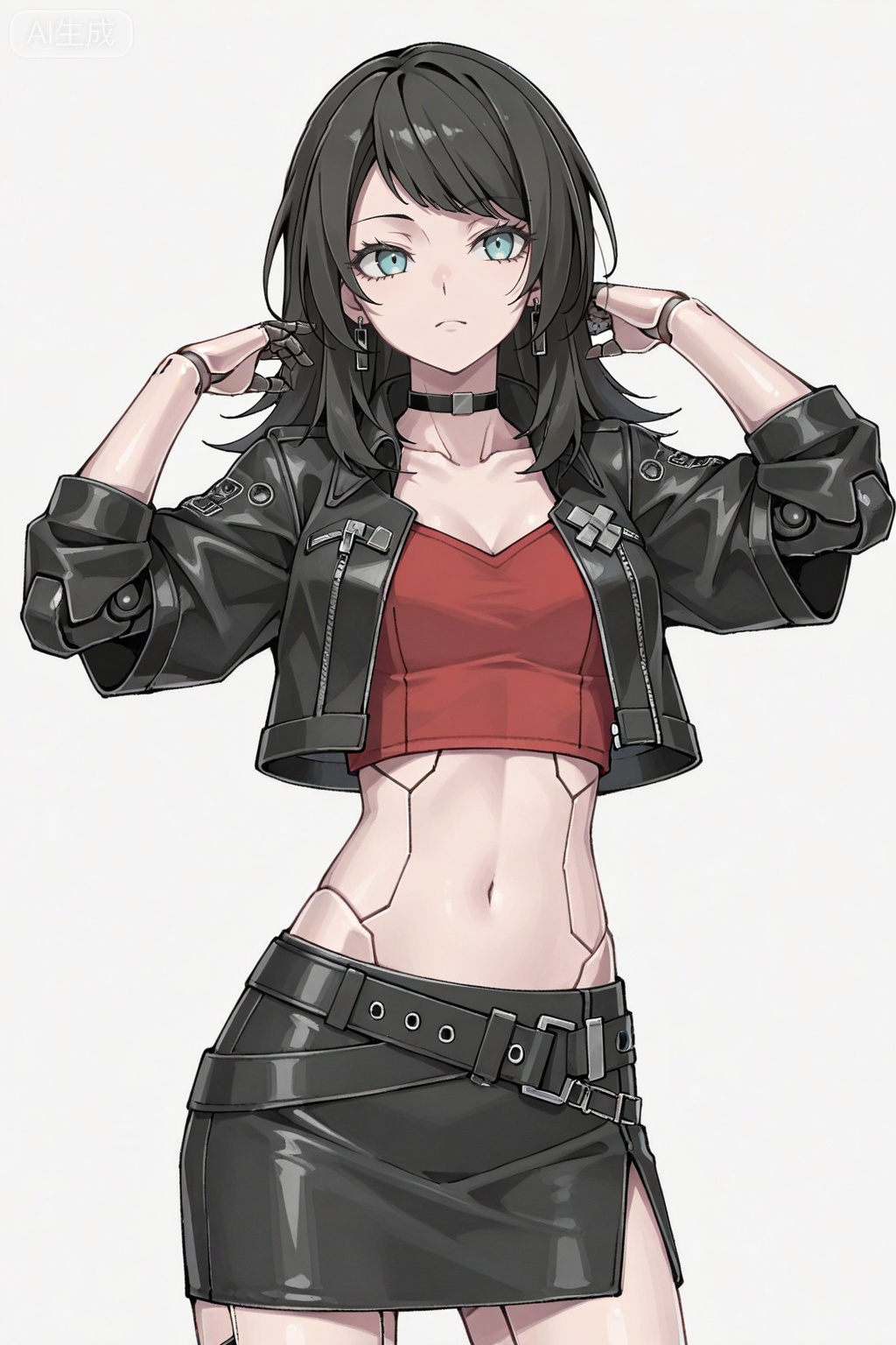 masterpiece, best quality,solo,white background,simple_background,Yahata Umiri,cybersaki_style,black hair,long hair,blue eyes,bangs,swept bangs,skirt,jewelry,jacket,earrings,choker,black jacket,red shirt,leather,leather jacket,navel,cropped jacket,android,joints,robot joints