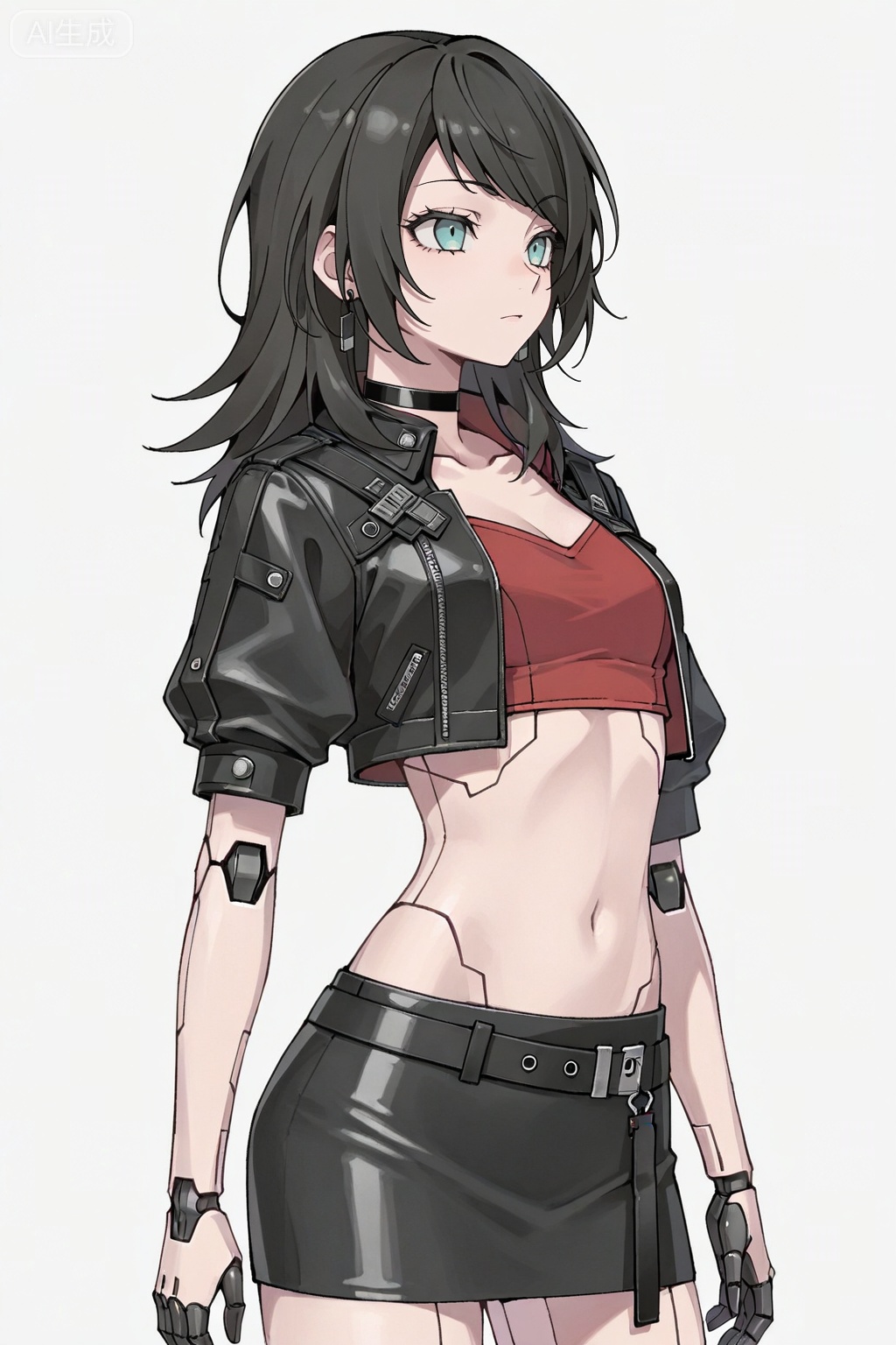 masterpiece, best quality,solo,white background,simple_background,Yahata Umiri,cybersaki_style,black hair,long hair,blue eyes,bangs,swept bangs,skirt,jewelry,jacket,earrings,choker,black jacket,red shirt,leather,leather jacket,navel,cropped jacket,android,joints,robot joints