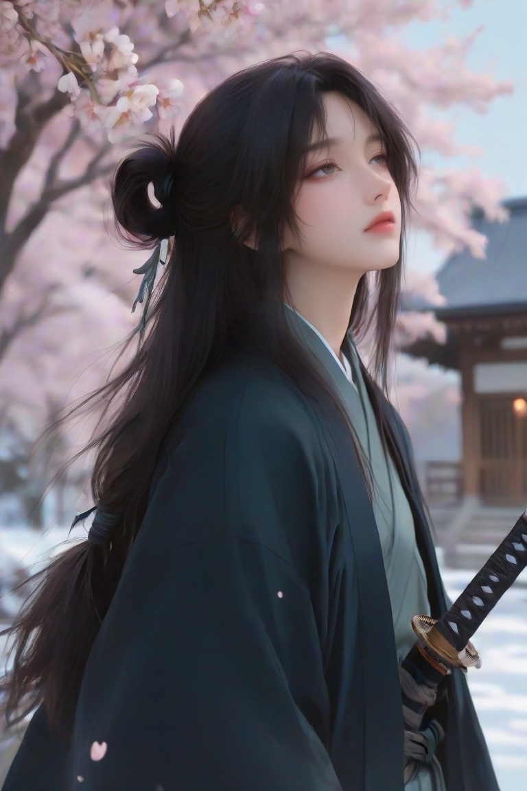 Anime swordsman inspired by Giyu Tomioka,  long dark hair tied back,  calm cold eyes on Tensor.Art