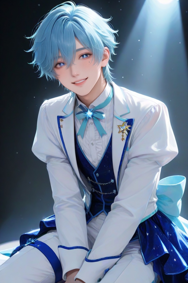 Anime idol boy inspired by Aqua Hoshino,  short blue hair,  starry eyes on Tensor.Art