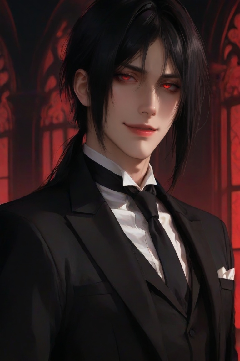 Cool anime butler inspired by Sebastian Michaelis,  black hair,  red eyes on Tensor.Art