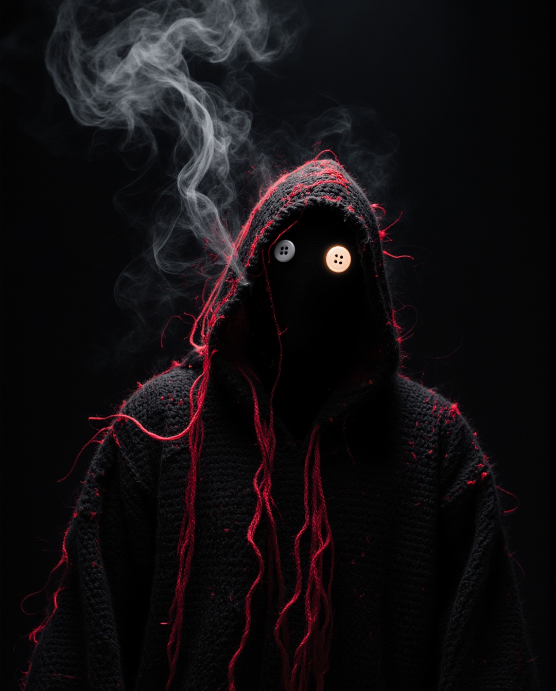 A haunting,  atmospheric portrait of a hooded phantom figure drifting through a dark void. The figure is made of black and...