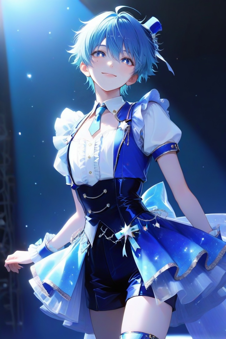Anime idol boy inspired by Aqua Hoshino,  short blue hair,  starry eyes on Tensor.Art